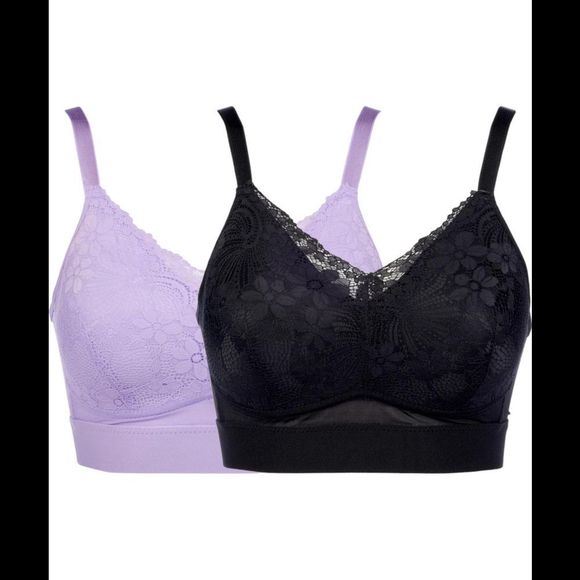 Rhonda Shear 2-pack Molded Cup Bra with Lace Overlay Black/Purple - - Picture 1 of 1